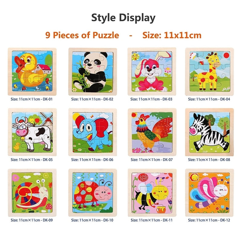 11X11CM Kids Wooden Puzzle Toy Vehicle Animal Jigsaw Cartoon Animal Traffic Tangram Toys Educational Toys Puzzles for Kids Gifts
