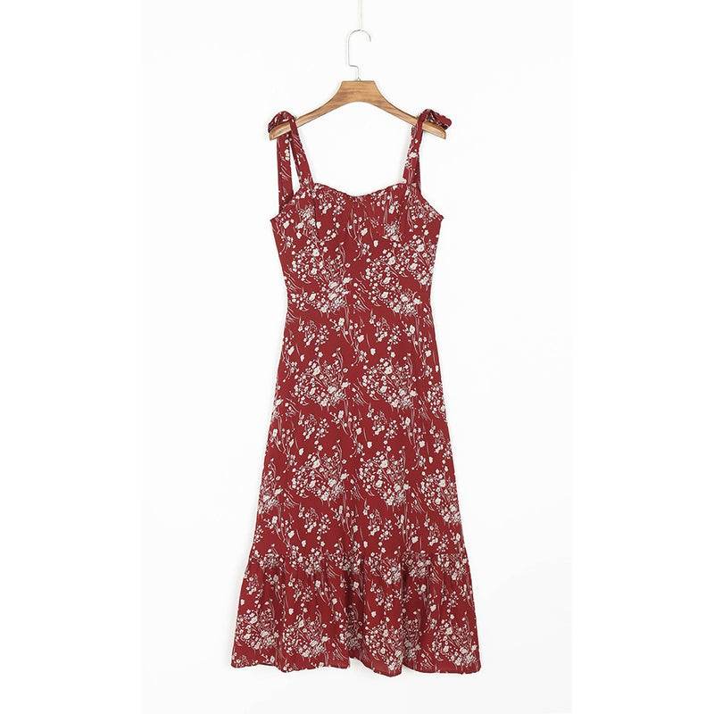 Dresses For Women 2022 Elegant Vintage Floral Dress Frill Sweetheart Neck Sleeveless Strap Tie Ruffle Hem Summer Beach Dress