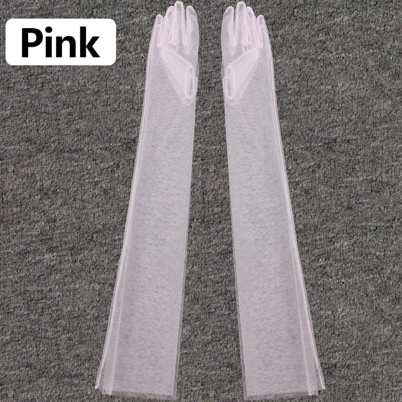 Fashion Long Sheer Tulle Gloves Ultra Thin Stretchy Full Finger Mittens Mesh Elbow Wedding Bride Gloves Halloween Accessory