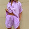 Cotton and Linen suit 2021 Women Solid Clothes Set Half Sleeve Lapel Neck Button-up Shirt+Irregular Hem Drawstring Shorts Sets