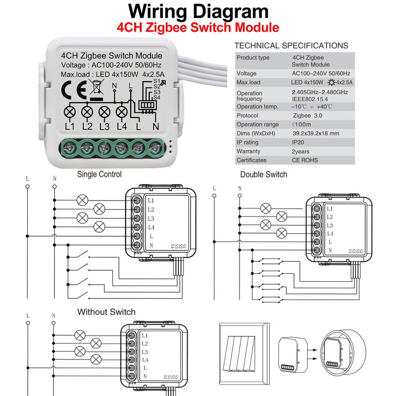 GIRIER Tuya ZigBee 3.0 Switch Module 10A Smart Home DIY Breaker 1 2 3 4 Gang Supports 2 Way Control Works with Alexa Google Home