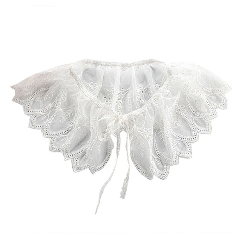 Royal Style Cotton Fake Collar Shawl Wrap Hollow Out Floral Lace Ruffled Trim Necklace Pointed Triangle Lapel Blouse