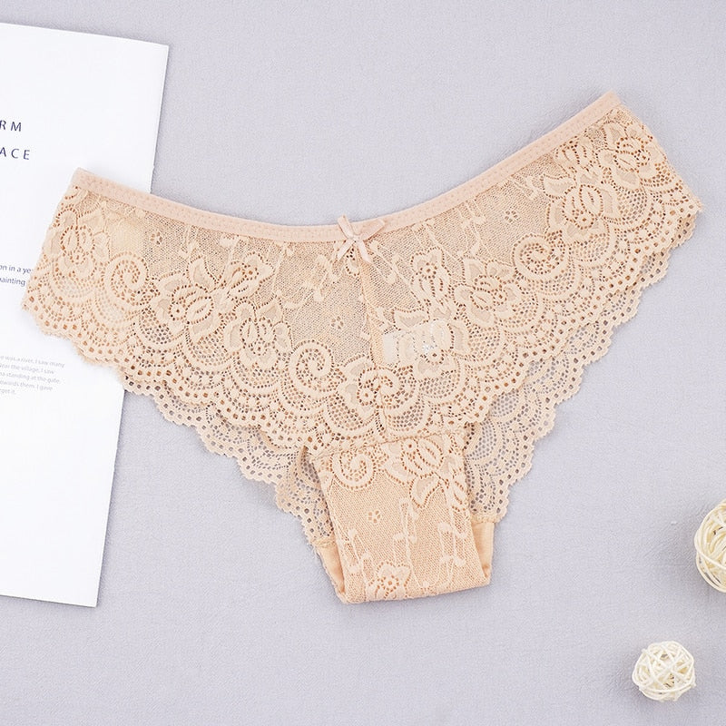 Fashion Sexy Full Lace Panties Transparent Women Briefs Female Hollow Out Low Cut Panty Breathable Bow Wholesale Underwear