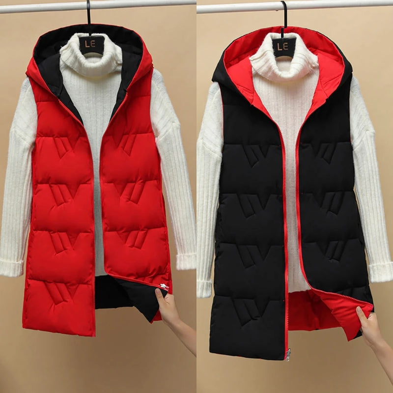 2021 Autumn Winter Two Sides Wear Long Vest Warm Hooded Waistcoat Women Coat Thicken Cotton Padded Female Sleeveless Jacket New