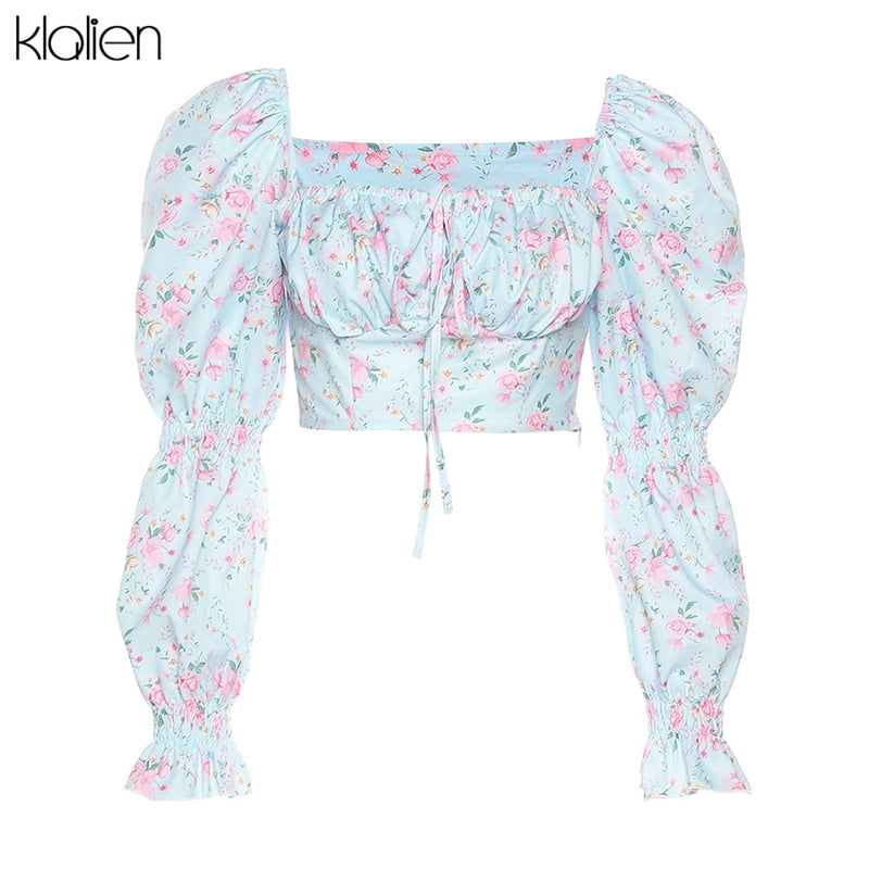 KLALIEN Spring Summer Fashion Elegant French Romantic Floral Puff Sleeve Square Collar Women Blouses New White Chiffon Shirt