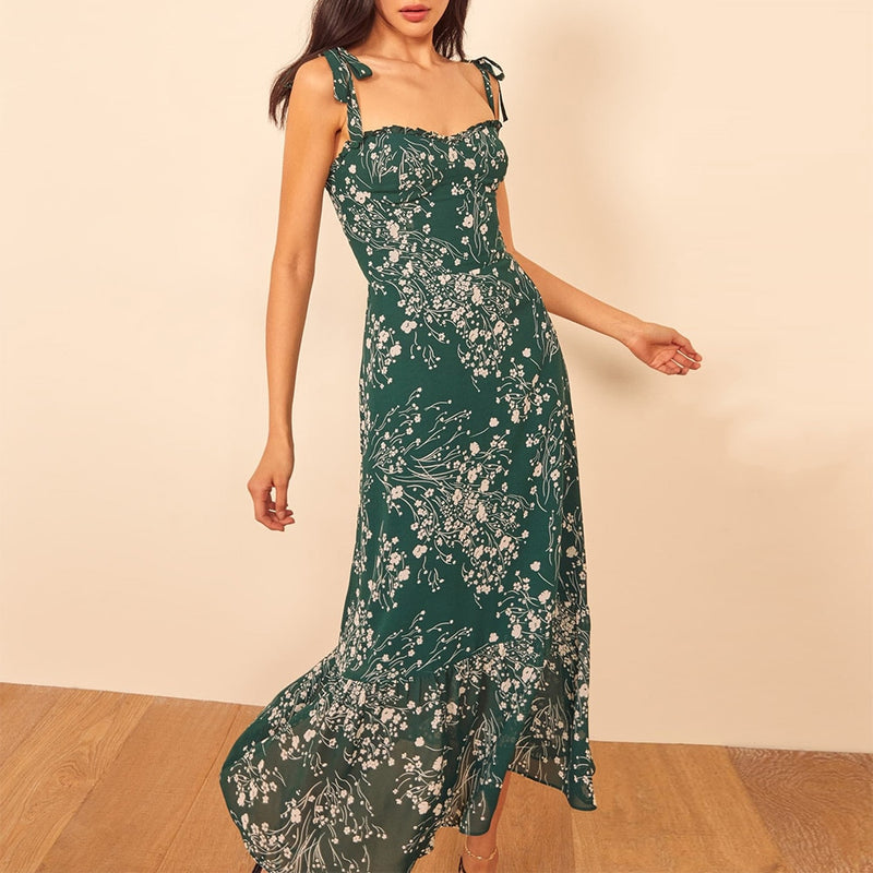 Dresses For Women 2022 Elegant Vintage Floral Dress Frill Sweetheart Neck Sleeveless Strap Tie Ruffle Hem Summer Beach Dress