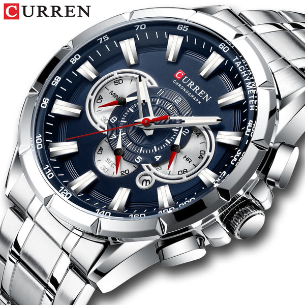 CURREN New Casual Sport Chronograph Men&#39;s Watches Stainless Steel Band Wristwatch Big Dial Quartz Clock with Luminous Pointers