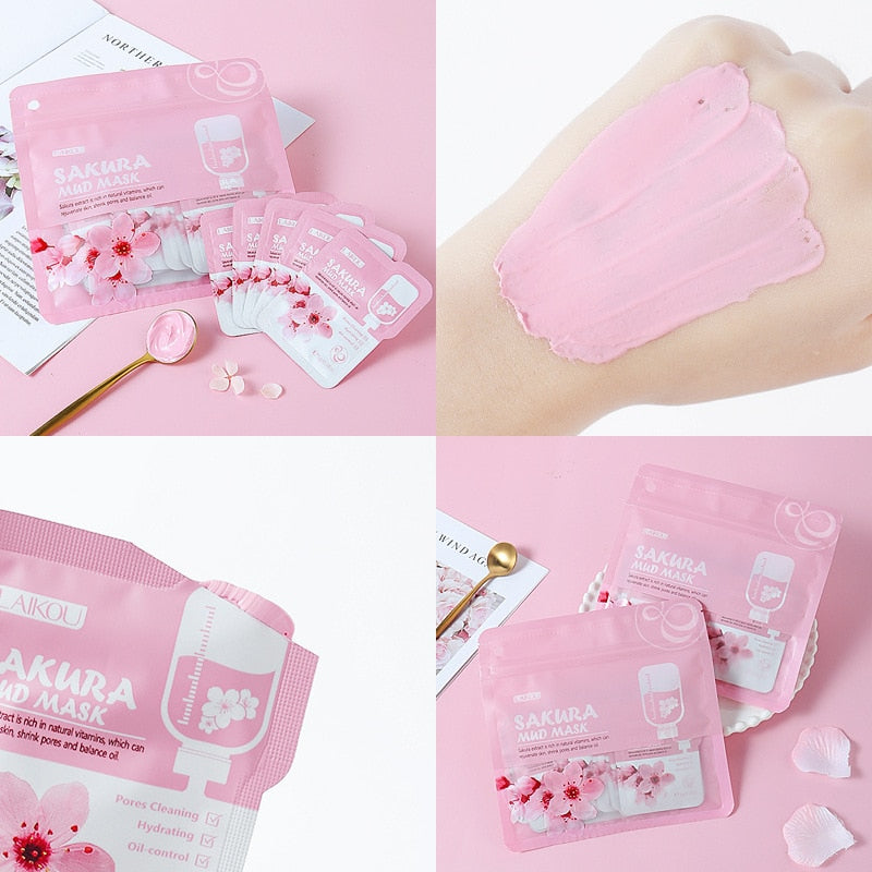 LAIKOU 7pcs Japan Sakura Mud Face Mask Cleansing Whitening Moisturizing Oil-Control Anti-Aging Clay Mask Packs Facial Skin Care