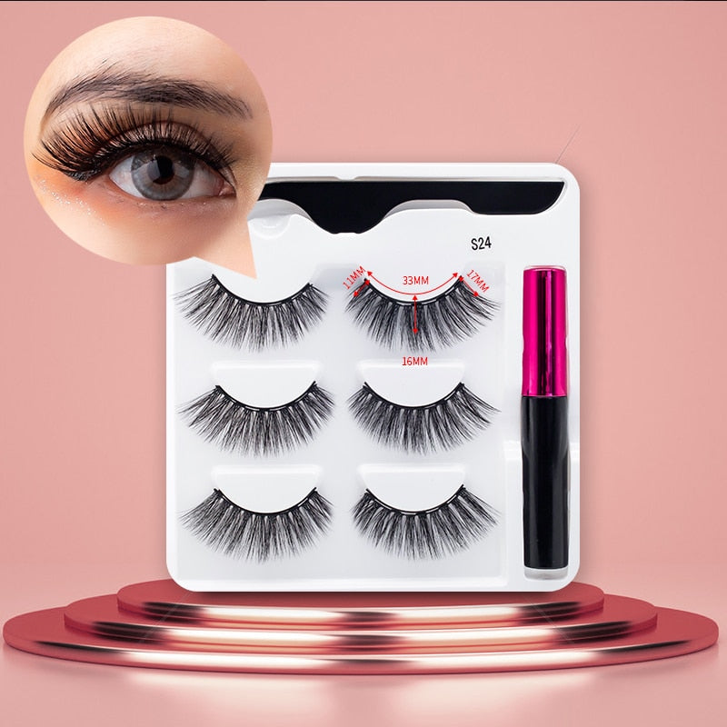 3Pairs Magnetic Lashes 3D Mink Eyelashes Wholesale Fake Eyelashes Magnetic Eyeliner With Tweezer Makeup Set For Beauty Faux Cils