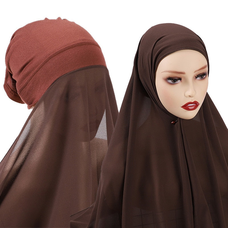 Muslim Chiffon Scarf For Women Fashion Veil Instant Hijab Wrap Headscarf Islam Solid Color Cap Musulman Wrap Scarves 25 Colors