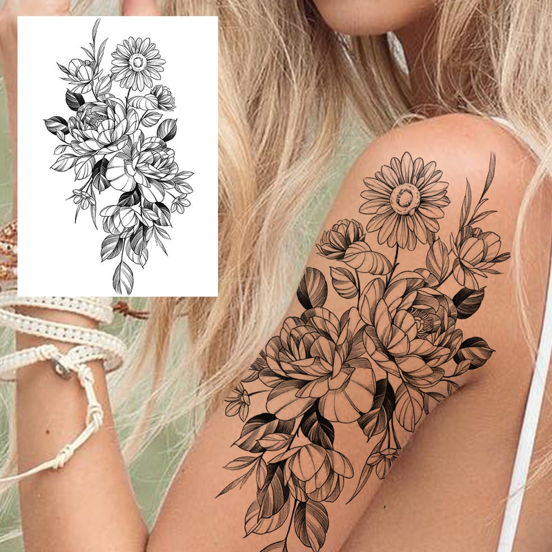 Sexy Flower Temporary Tattoos For Women Body Art Painting Arm Legs Tattoos Sticker Realistic Fake Black Rose Waterproof Tattoos