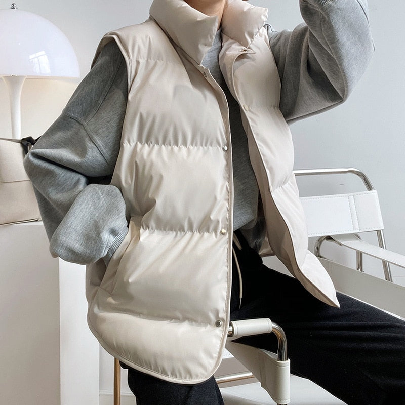 2022 Women Vest Coat Stand Collar Winter Women Warm Coat Oversize Tops Beige Vest Chaleco Mujer Gilet Casaco Feminino