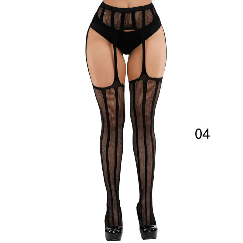Sexy Solid Striped Elastic High Waist Transparent Stockings Lingerie Garter Fishnet Pantyhose Open Crotch Tights