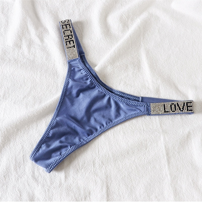 Sexy Rhinestone Thong Low Waist Panties Women Comfort Ice Silk Seamless Lingerie G String Cotton Breathable Intimates Underwear