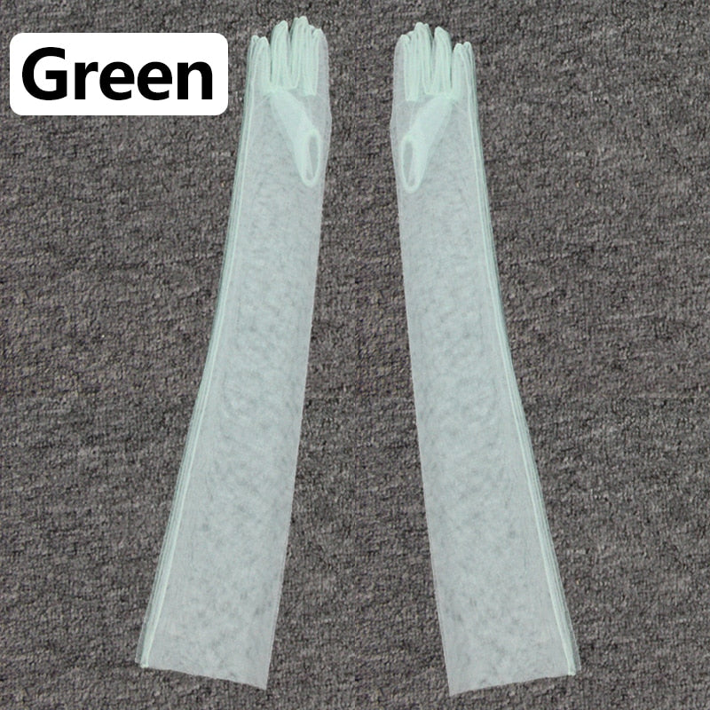 Fashion Long Sheer Tulle Gloves Ultra Thin Stretchy Full Finger Mittens Mesh Elbow Wedding Bride Gloves Halloween Accessory