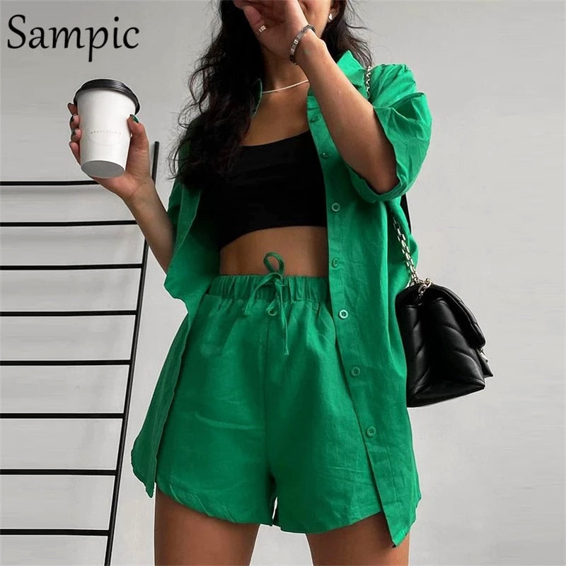 Sampic Loung Wear Tracksuit Women Shorts Set Stripe Long Sleeve Shirt Tops And Waist Loose High Mini Shorts Two Piece Sets 2021