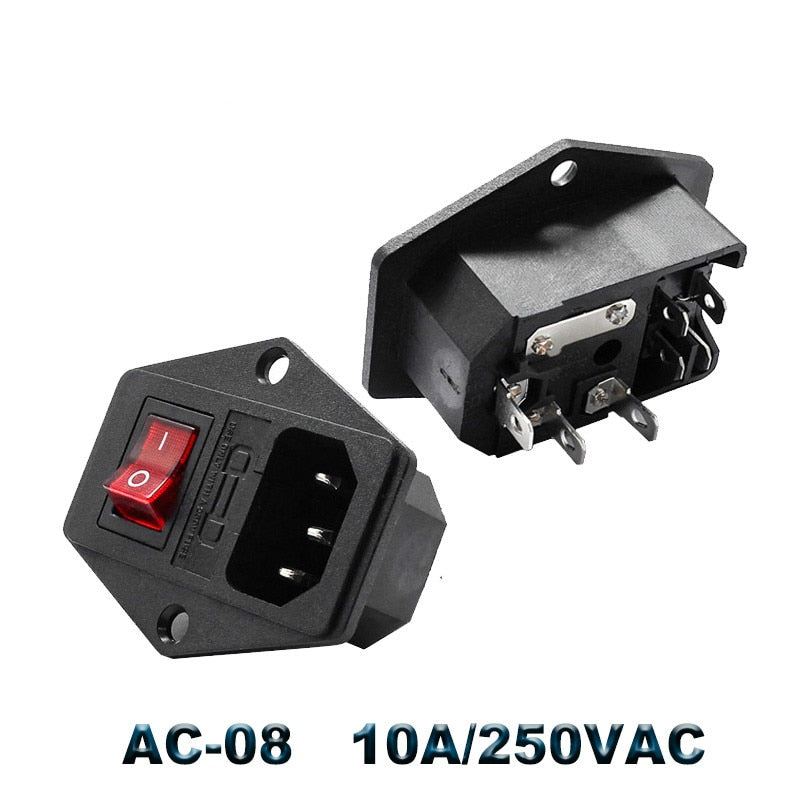 IEC320 C14 Electrical AC Socket 3 pin red LED 250V Rocker Switch 10A fuse female male inlet plug connector 2 pin socket mount