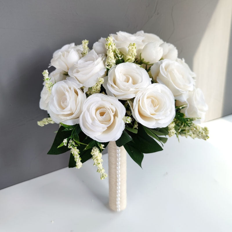 Bridal Bridesmaid Wedding Bouquet White Silk Flowers Roses Artificial Bride Boutonniere Pins Mariage Bouquet Wedding Accessories