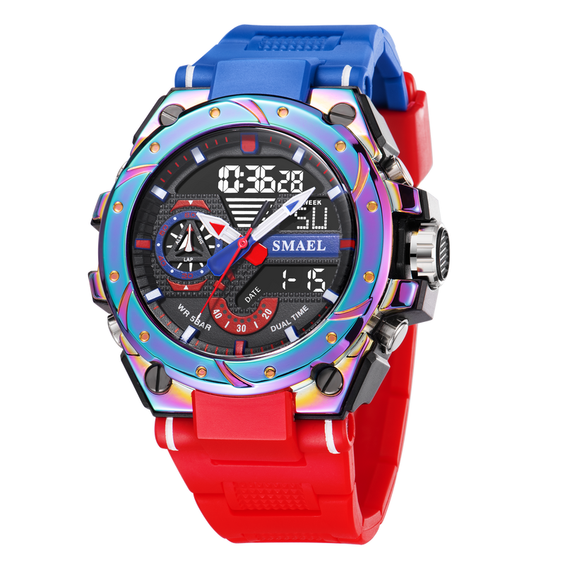 Quartz Watch For Men SMAEL Wristwatches Watcholorful Red Bracelet 50M Waterproof Alarm Clock Analog Digitals 8060 Sport Watches