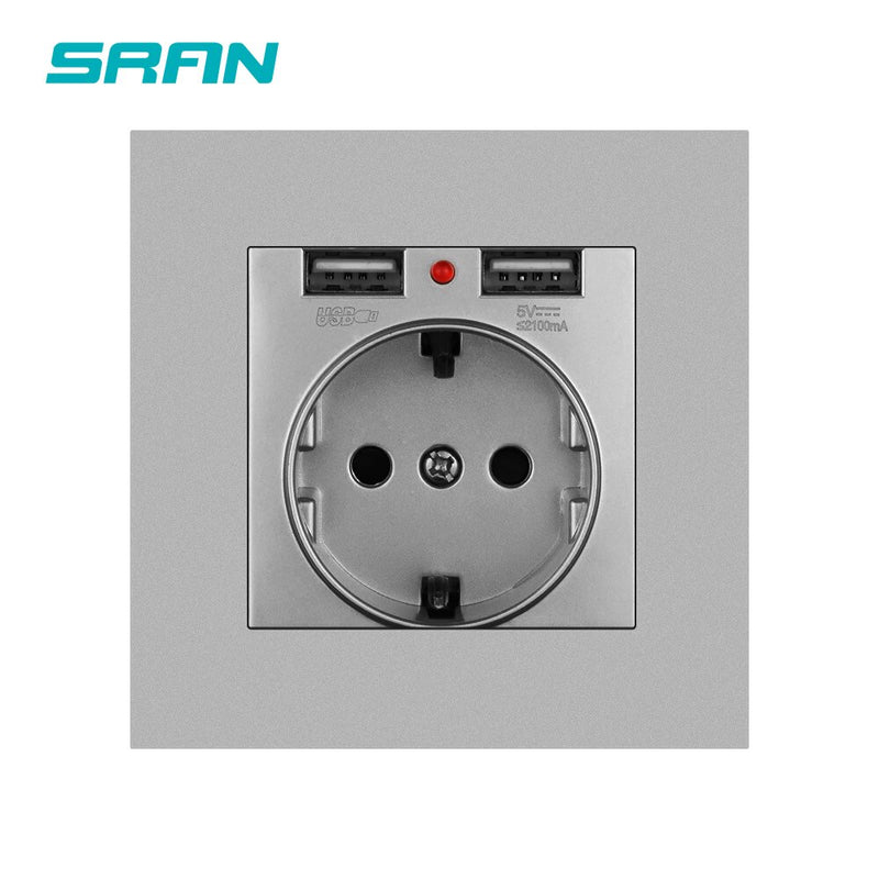 SRAN EU Power socket socket with usb for home,Dual Usb plug 5V 2A PC Panel 86*86mm Usb wall socket Smart LED ON/OFF 16A Outlets
