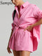 Sampic Women Blue Suit 2022 Casual Loose Long Sleeve Shirt Summer Tops And Mini Shorts Fashion Tracksuit Two Piece Set Outfits