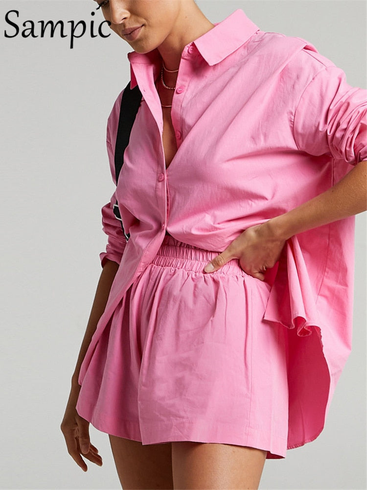 Sampic Women Blue Suit 2022 Casual Loose Long Sleeve Shirt Summer Tops And Mini Shorts Fashion Tracksuit Two Piece Set Outfits