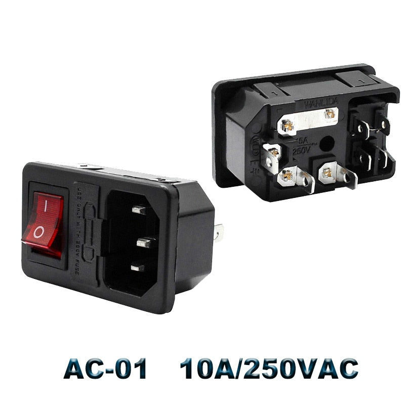 IEC320 C14 Electrical AC Socket 3 pin red LED 250V Rocker Switch 10A fuse female male inlet plug connector 2 pin socket mount