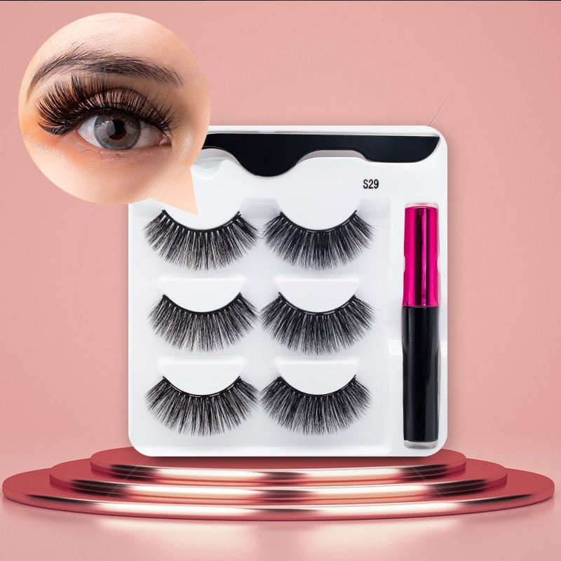 3Pairs Magnetic Lashes 3D Mink Eyelashes Wholesale Fake Eyelashes Magnetic Eyeliner With Tweezer Makeup Set For Beauty Faux Cils