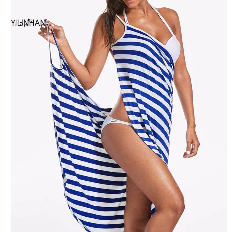 YILINHAN New  Fashion Scarf Women Bathing Suit Bikini Swimwear Striped Sling Cover Up Backless Beach Maxi Dress Wrap Pareo