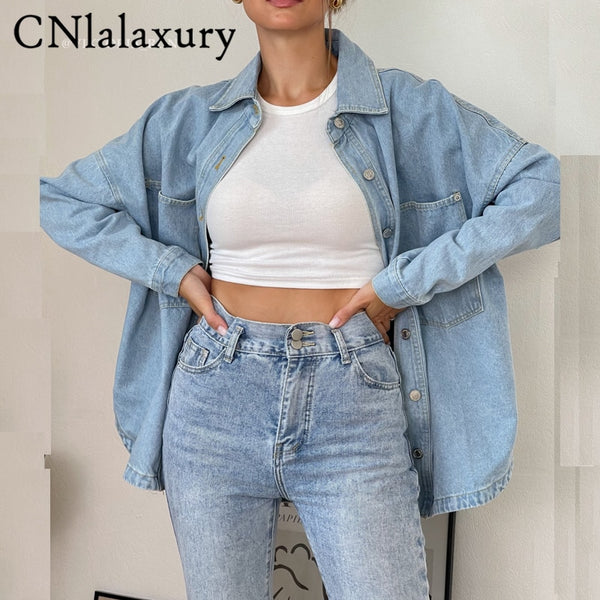 CNlalaxury 2022 Spring Denim Shirt Coat Women Long Sleeve Pocket Cardigan Streetwear BF Jean Jacket Harajuku Cowboy Outwear Tops