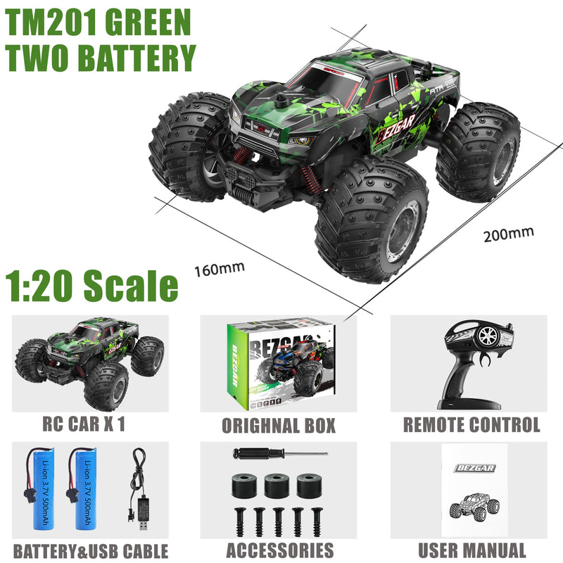 BEZGAR TM201 Remote Control Car,2.4GHz Rc Car All-Terrain 15Km/h 1:20 Off-Road Monster Truck Toy Christmas Present for Children