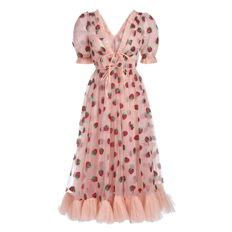 ISAROSE 2022 Strawberry Dress Women Deep V Puff Sleeve Sweet Voile Mesh Sequins Embroidery French Party Dresses 4XL 5XL