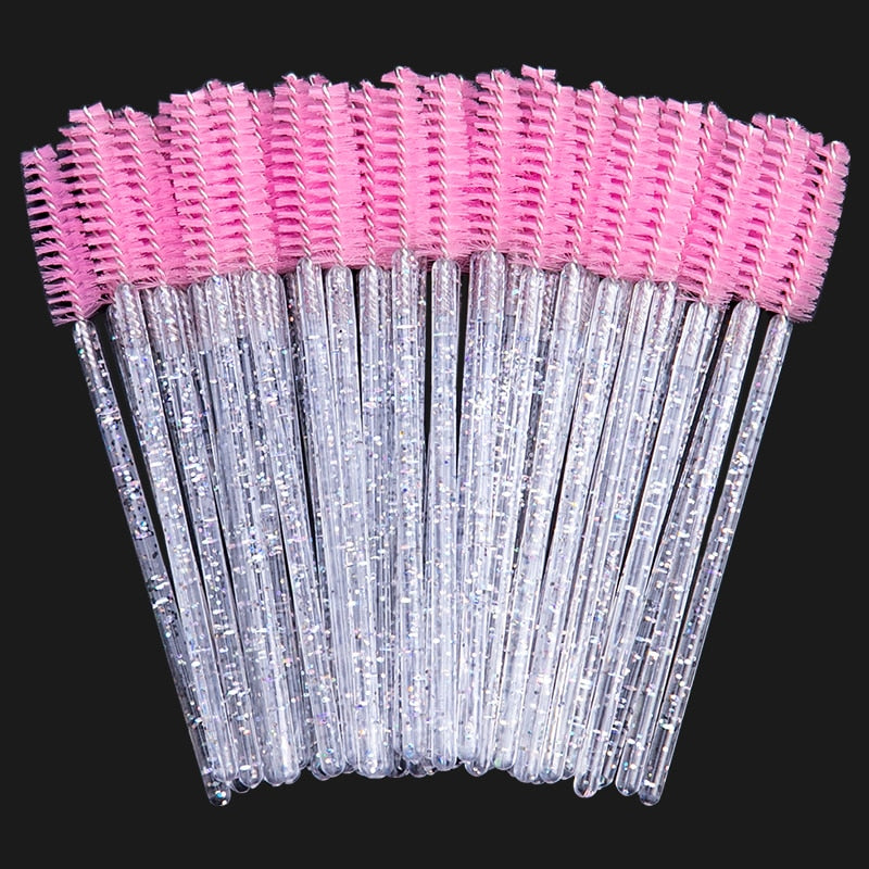 zwellbe Good Quality Disposable 50 Pcs/Pack Crystal Eyelash Makeup Brush Diamond Handle Mascara Wands Eyelash Extension Tool