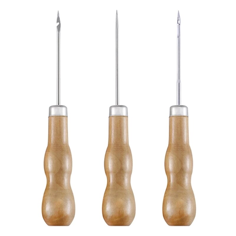 3PCS/SET Wooden Handle Sewing Awl Hand Stitcher Leathe Punch Tool DIY Shoe Repair Hook Tool Leather accessories