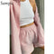 Sampic Loung Wear Tracksuit Women Shorts Set Stripe Long Sleeve Shirt Tops And Waist Loose High Mini Shorts Two Piece Sets 2021