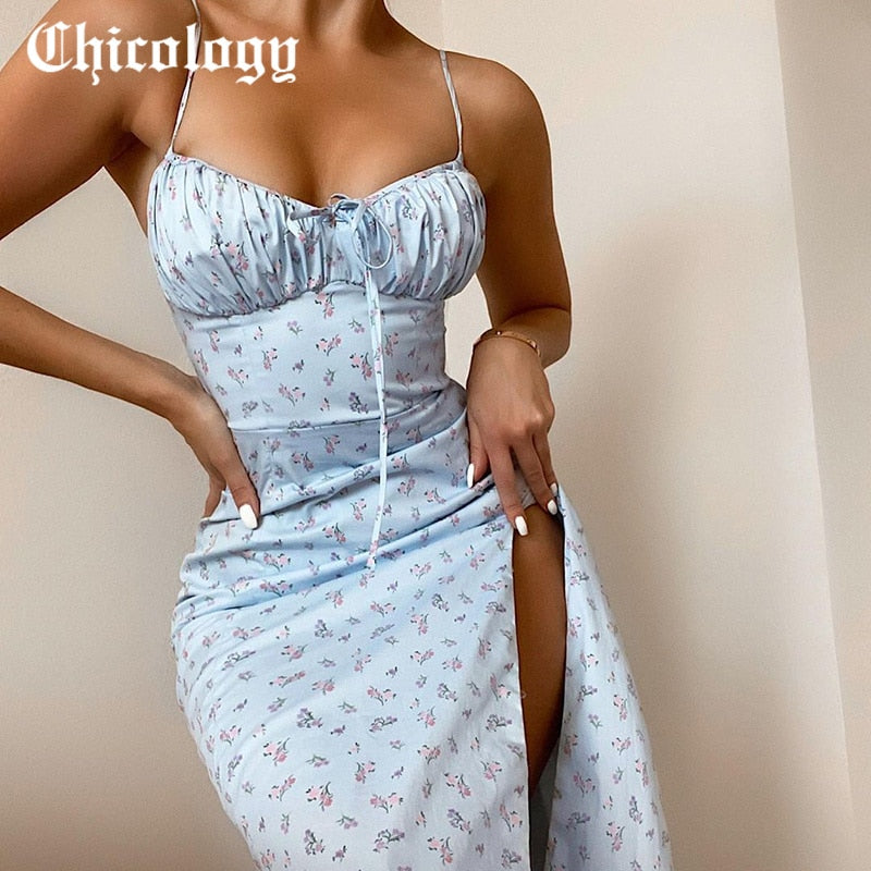 Chicology 2022 Summer Women Dress Small Floral Side Slit Sexy Sling French Slim Light Breathable Sleeveless Festival Dresses