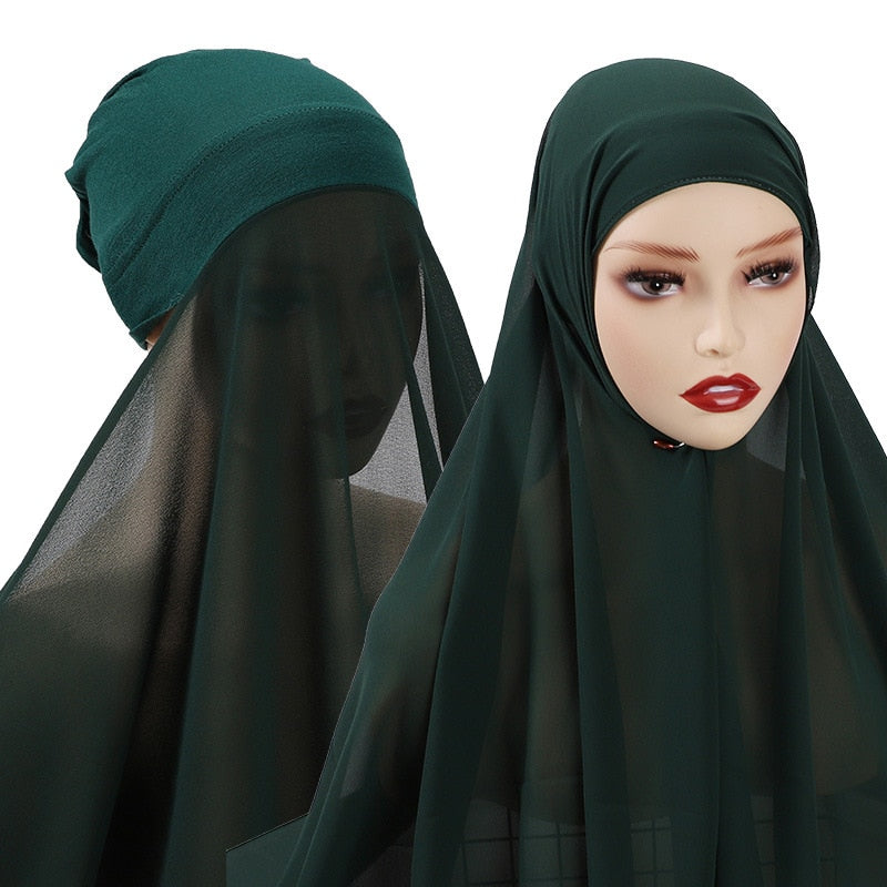 Muslim Chiffon Scarf For Women Fashion Veil Instant Hijab Wrap Headscarf Islam Solid Color Cap Musulman Wrap Scarves 25 Colors