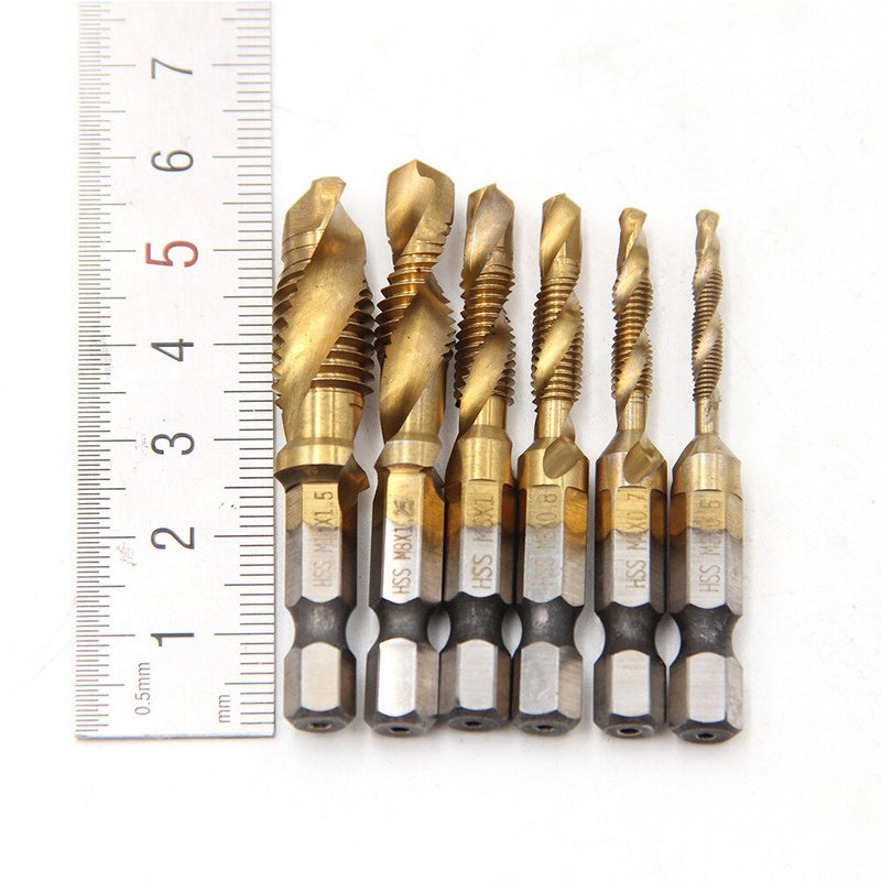 6Pcs M3-M10 Hex Shank Titanium Plated HSS Screw Thread Metric Tap Drill Bits Screw Machine Compound Thread Hand Tools