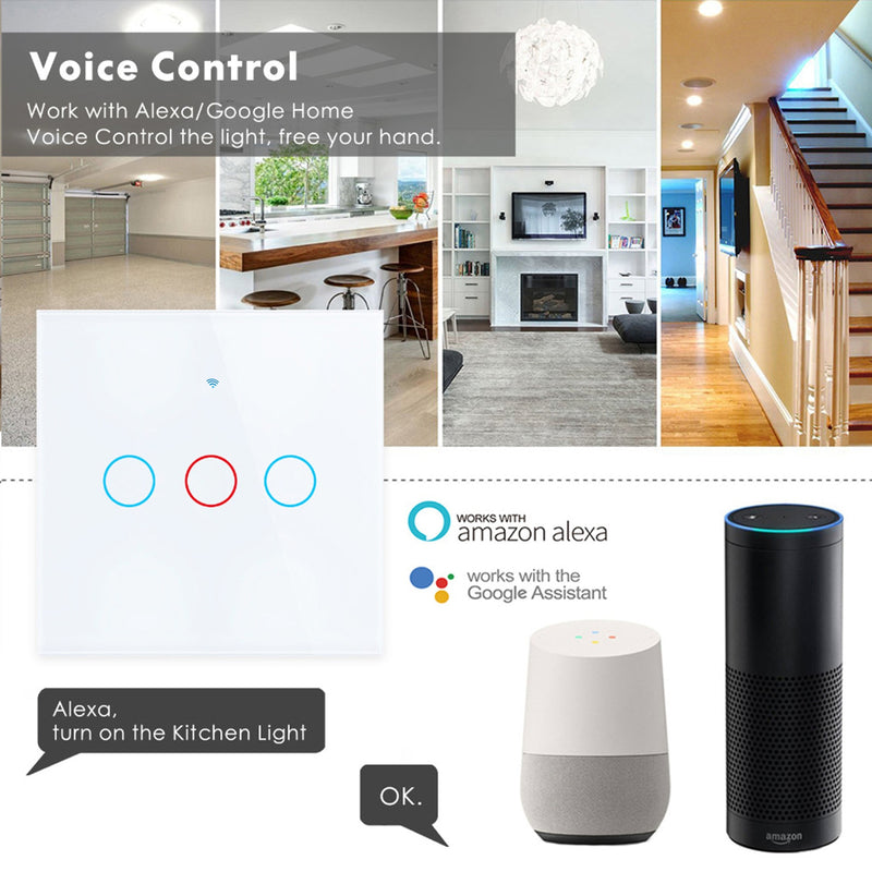 Wifi EU Wall Touch Switch Smart Light Switch 1/2/3 Gang  No Neutral Wire Required Tuya Smart Life Home Support Alexa Google Home