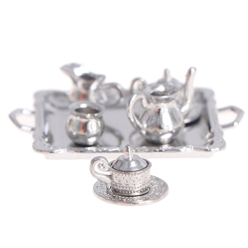 10Pcs/Set 1/12 Dollhouse Miniature Silver Metal Tea Coffee Tray Tableware Set For Dollhouse Decoration