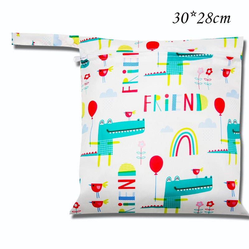 Baby Diaper Bag Cartoon Print Waterproof Wet Dry Nappy Zipper Handbag Stroller Carry Pack Travel Outdoor Wet Diaper Storage Bags
