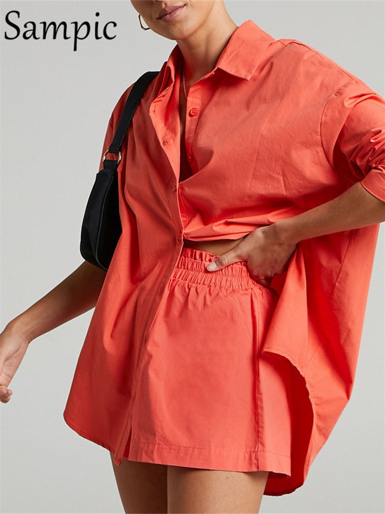 Sampic Women Blue Suit 2022 Casual Loose Long Sleeve Shirt Summer Tops And Mini Shorts Fashion Tracksuit Two Piece Set Outfits