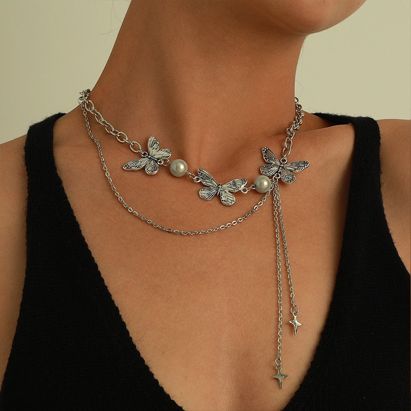 Gothic Butterfly Pendant Necklace for Women Choker Aesthetic Grunge Chain accessories IGIRL Indie Collar Jewelry Friends Gift