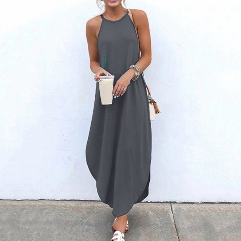 Women Dress Summer 2021 Casual Sleeveless Retro Halter Solid Beach Long Dress Round Neck Sling Fashion Beach Clothes Plus Size