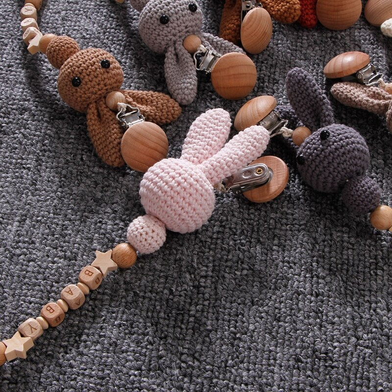 1pc Crochet Bunny Baby Pacifier Clip Chain BPA Free Wooden Beads Appease Soother Chain Clips Newborn Dummy Holder Nipple Clip