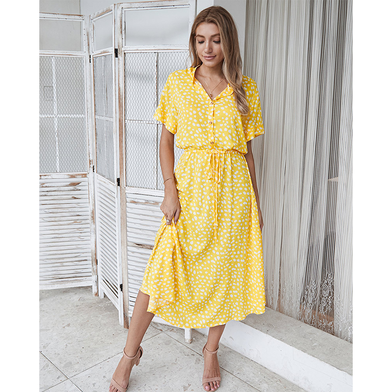 2021 Summer Polka Dot Dress Ladies Leopard Print Shirt Dress, Bohemian, Mid-length, High Waist, Beachwear, Vacation, Summer