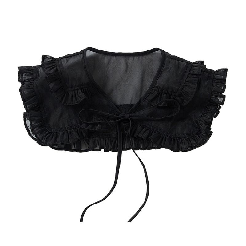 Royal Style Cotton Fake Collar Shawl Wrap Hollow Out Floral Lace Ruffled Trim Necklace Pointed Triangle Lapel Blouse