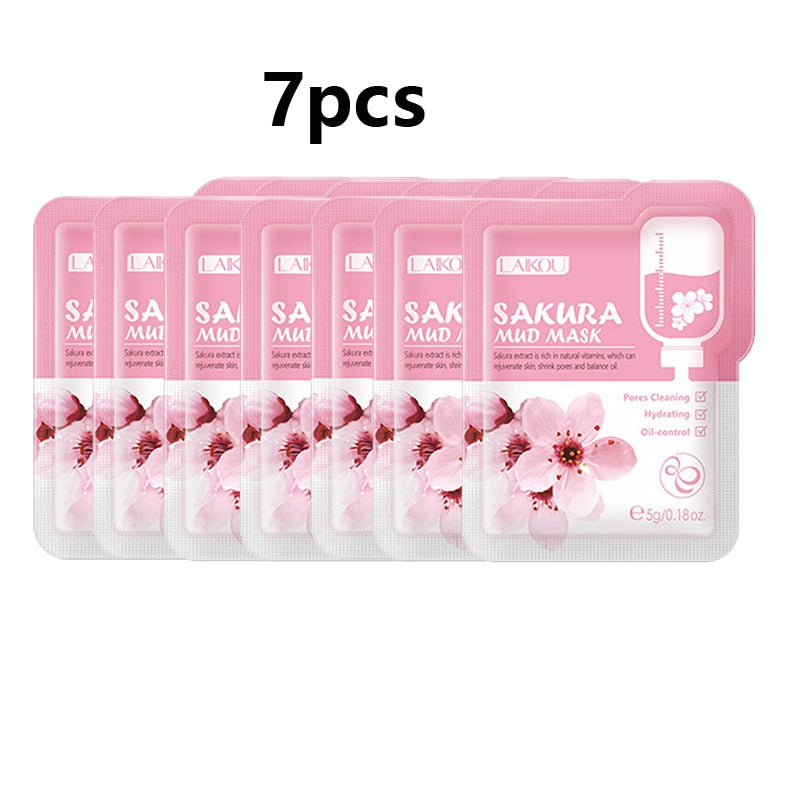 LAIKOU 7pcs Japan Sakura Mud Face Mask Cleansing Whitening Moisturizing Oil-Control Anti-Aging Clay Mask Packs Facial Skin Care
