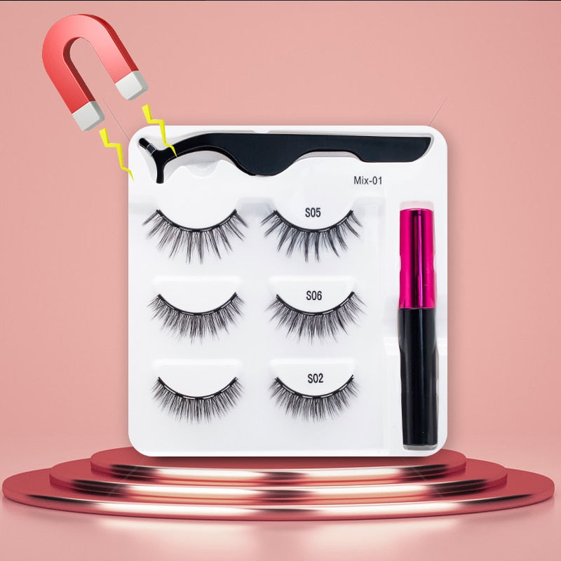 3Pairs Magnetic Lashes 3D Mink Eyelashes Wholesale Fake Eyelashes Magnetic Eyeliner With Tweezer Makeup Set For Beauty Faux Cils