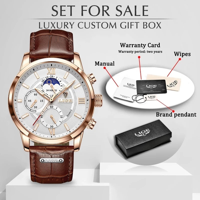 LIGE Men Watches 2022 New Fashion Leather Waterproof Luminous Top Brand Luxury Mens Quartz Wristwatch Men Relogio Masculino+box